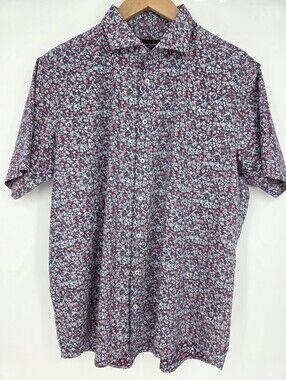 Bruun & Stengade Floral Button Up Shirt 17.5 44 Modern Fit Blue Red Cotton